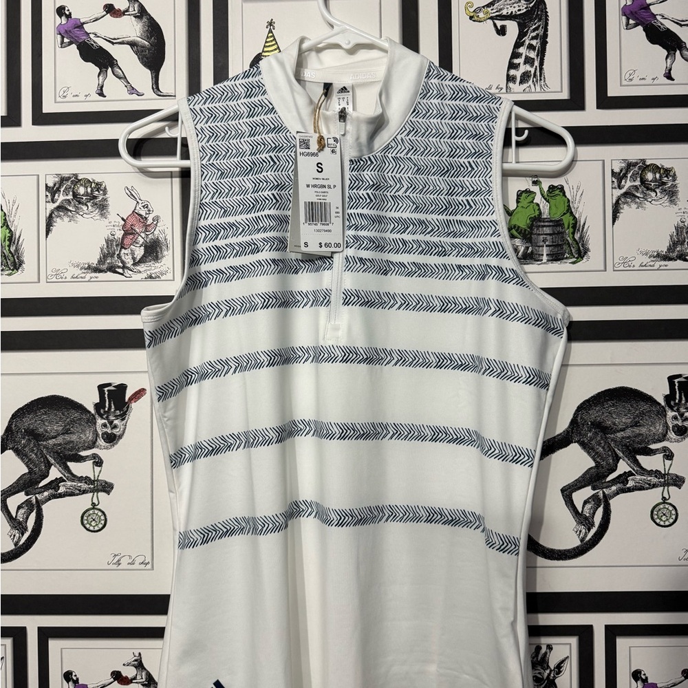 Adidas White and Navy Patterned Polo Shirt